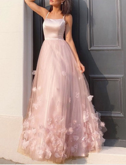 A-Line Prom Dresses Floral Dress Performance Wedding Guest Floor Length Sleeveless Spaghetti Strap Tulle with Pleats Appliques Masquerade Dress