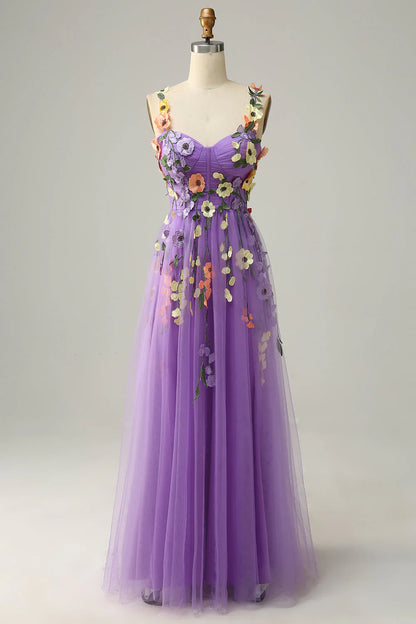 Flower A-Line Purple Prom Dress