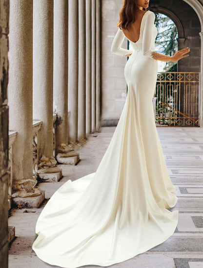 Formal Wedding Dresses Mermaid V Neck Long Sleeve Court Train Satin Bridal Gowns With Crystals Beading