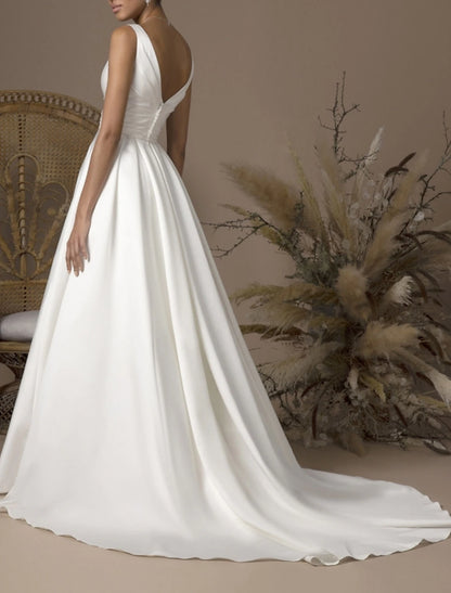 Hall Casual Wedding Dresses A-Line V Neck Sleeveless Sweep / Brush Train Satin Bridal Gowns With Pleats