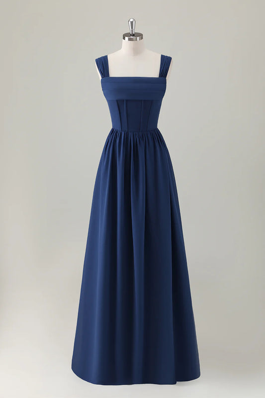 A-Line Square Neck Corset Dark Blue Long Bridesmaid Dress with Lace Up Back