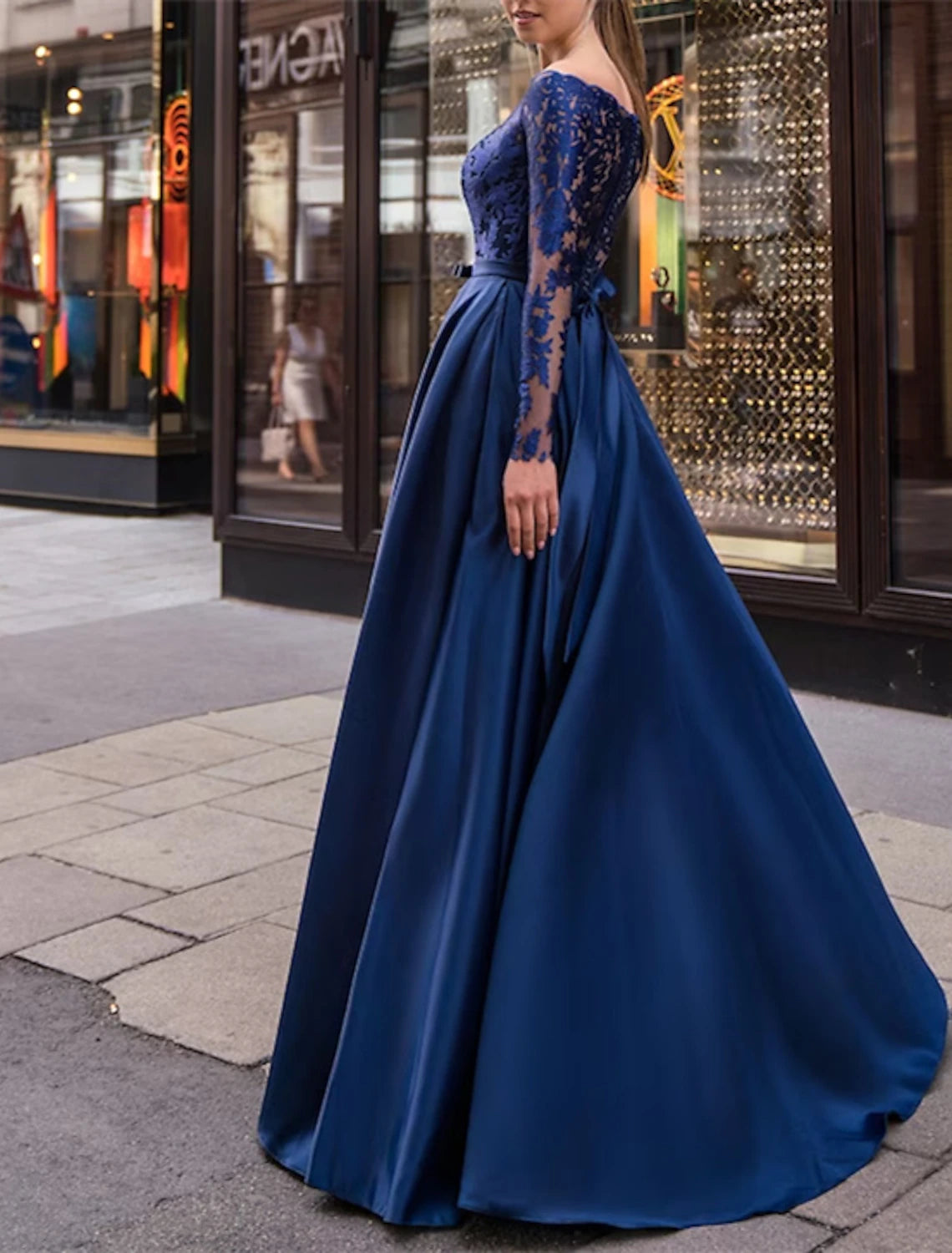 A-Line Evening Gown Party Dress Elegant Dress Wedding Guest Fall Floor Length Long Sleeve Off Shoulder Belt / Sash Satin with Appliques dress