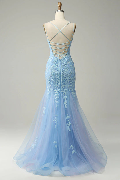 Spaghetti Straps Mermaid Blue Long Prom Dress With Appliques