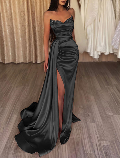 Mermaid Ruched Evening Dress Wedding Guest Satin Dress Cocktail Party Prom Court Train Sleeveless Strapless Bridesmaid Dress with Beading Sequin Pure Color dress to impress