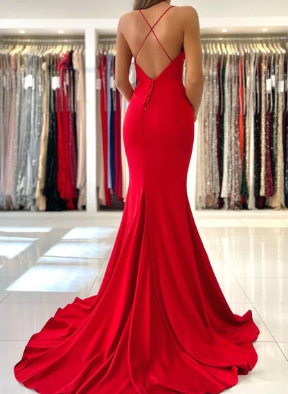 Red Mermaid V-Neck Spaghetti Sleeveless Straps Prom Dresses with Open Back