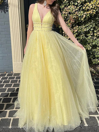 A-Line/Princess V-Neck Floor-Length Prom Dresses