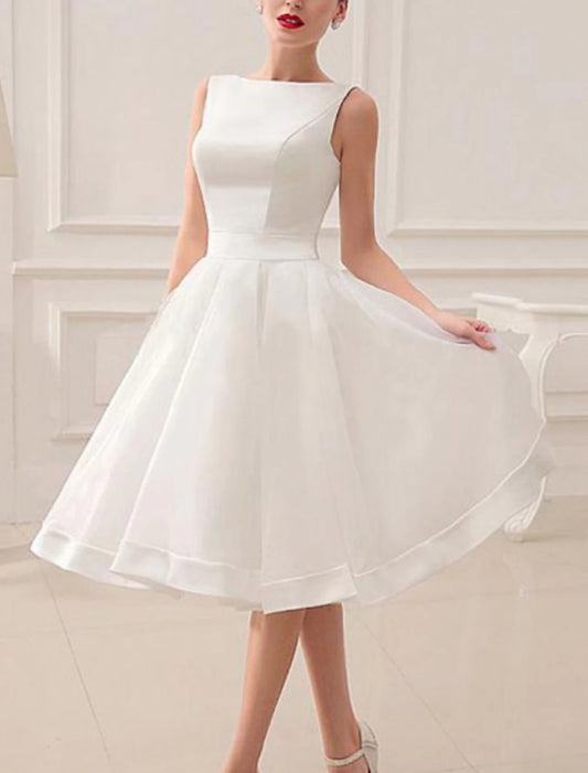 Reception Vintage  Little White Dresses Wedding Dresses A-Line Scoop Neck Sleeveless Knee Length Satin Bridal Gowns With Bow(s)