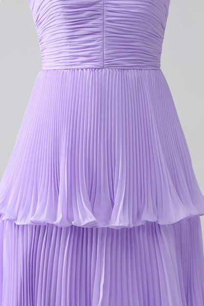 A-Line Sweetheart Lilac Tiered Chiffon Long Bridesmaid Dress With Pleated