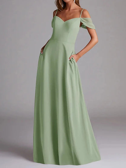 A-Line Bridesmaid Dress Spaghetti Strap Short Sleeve Elegant Floor Length Chiffon with Solid Color