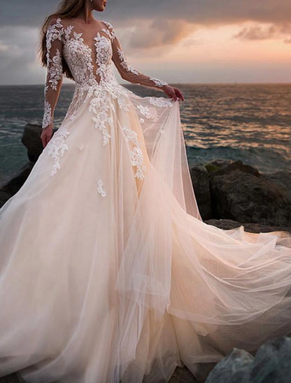 Beach Open Back Wedding Dresses A-Line Illusion Neck Long Sleeve Court Train Lace Bridal Gowns With Appliques