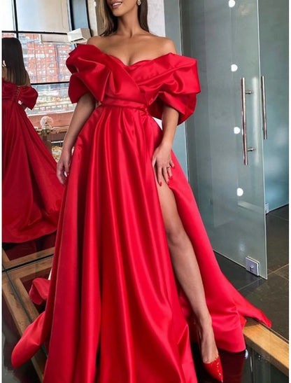 Sheath Evening Gown Party Dress Red Green Dress Black Tie Gala Sweep / Brush Train Half Sleeve Off Shoulder Satin with Ruched Slit dress