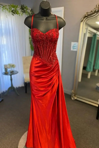 Silver Spaghetti Straps Mermaid Appliqued Prom Dress With Split