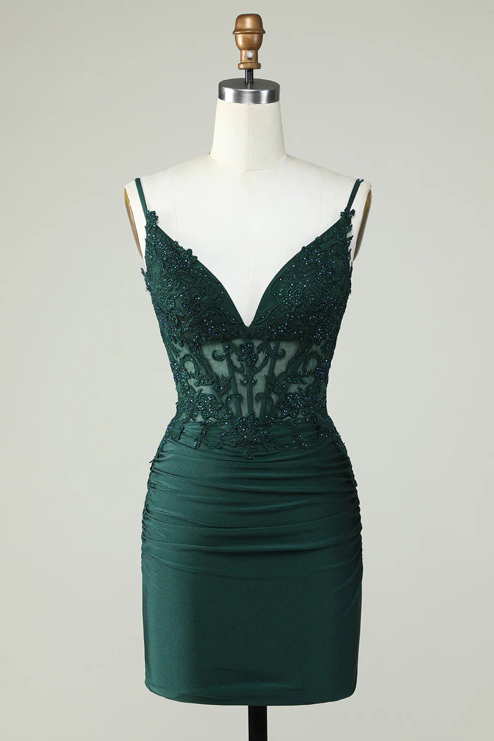 Spaghetti Straps Dark Green Corset Party Dress with Beading