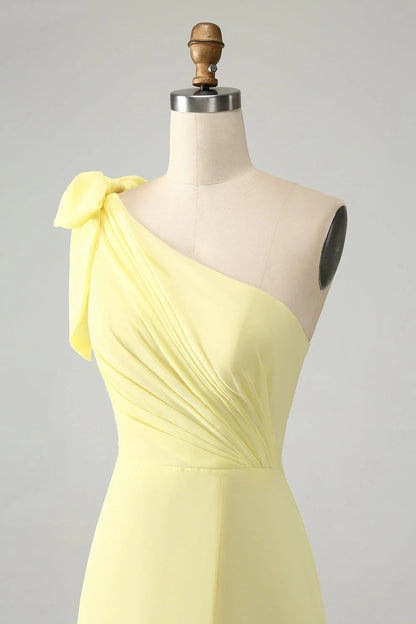 A Line One Shoulder Yellow Long Wedding Guest Dress With Slit