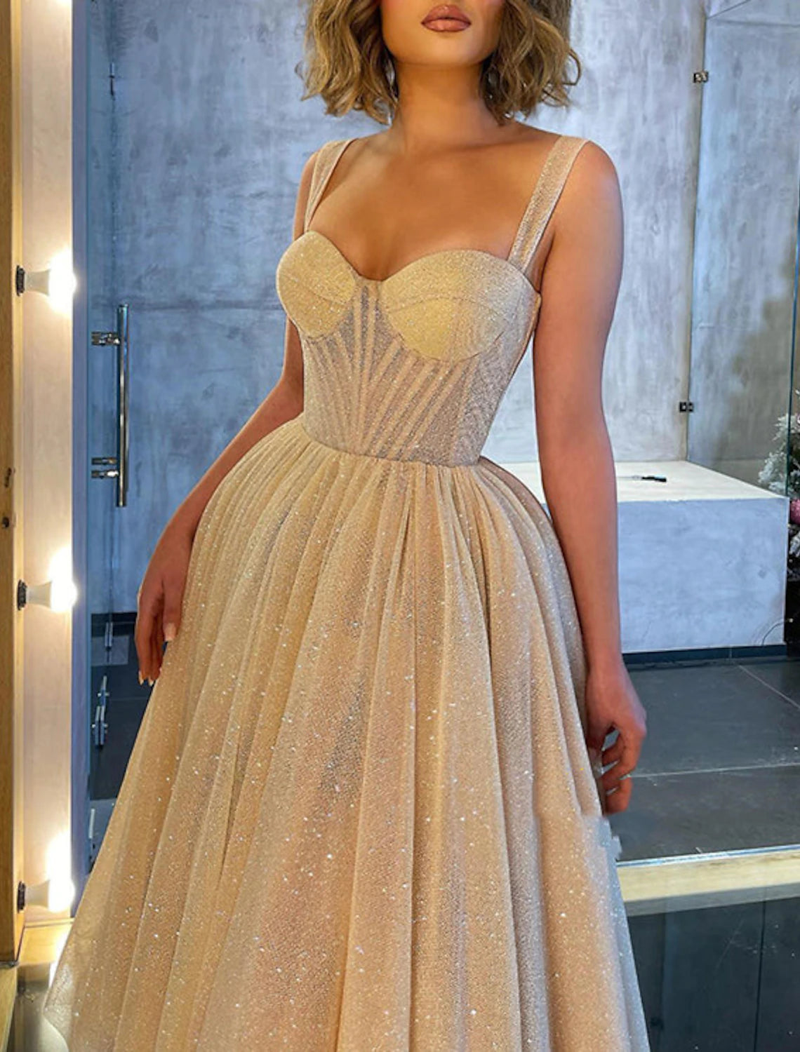 Ball Gown Prom Dresses Corsets Dress Wedding Guest Wedding Party Ankle Length Sleeveless Spaghetti Strap Tulle with Glitter Sequin