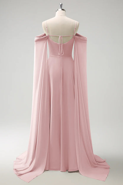 Blush Pink Cold Shoulder A-Line Long Bridesmaid Dress with Detachable Sleeves