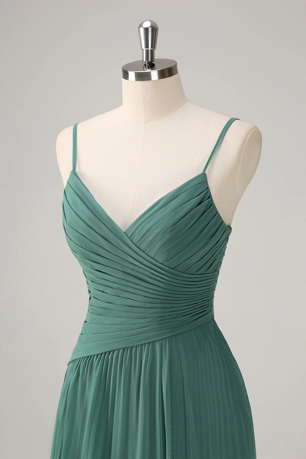 Eucalyptus A-Line Spaghetti Straps Pleated Chiffon Bridesmaid Dress With Slit