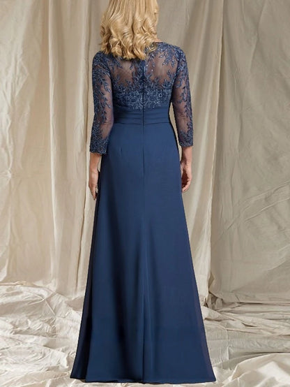 A-Line Mother of the Bride Dress Wedding Guest Elegant V Neck Floor Length Chiffon 3/4 Length Sleeve with Beading Appliques