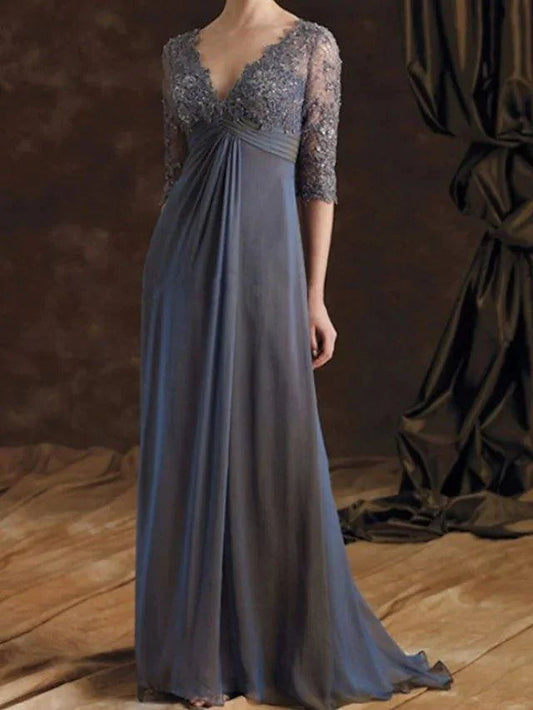 A-Line Mother of the Bride Dress Elegant V Neck Floor Length Chiffon Lace 3/4 Length Sleeve with Embroidery Ruching