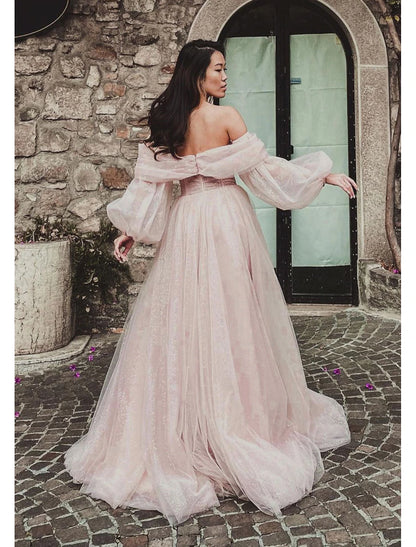 A-Line Prom Dresses Corsets Dress Formal Wedding Party Dress Floor Length Long Sleeve Off Shoulder Tulle with Glitter Ruched Slit dress to impress