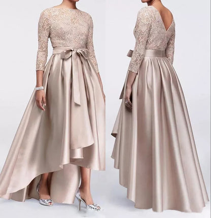 A-Line Mother of the Bride Dress Wedding Guest Elegant Plus Size High Low Jewel Neck Asymmetrical Satin Lace 3/4 Length Sleeve with Sash / Ribbon Appliques