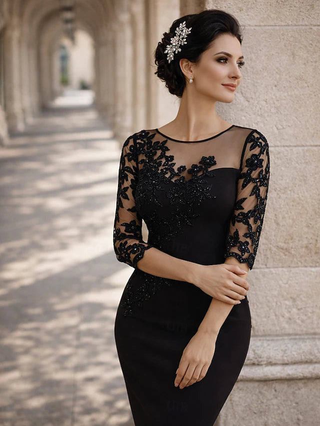 Sheath Column Knee Length Short Mini Party Dress Cocktail Dress Wedding Guest Dress Mother of the Bride Dress Long Sleeve Illusion Neck Elegant Wedding Guest Kentucky Derby Semi Formal Lace Stretch