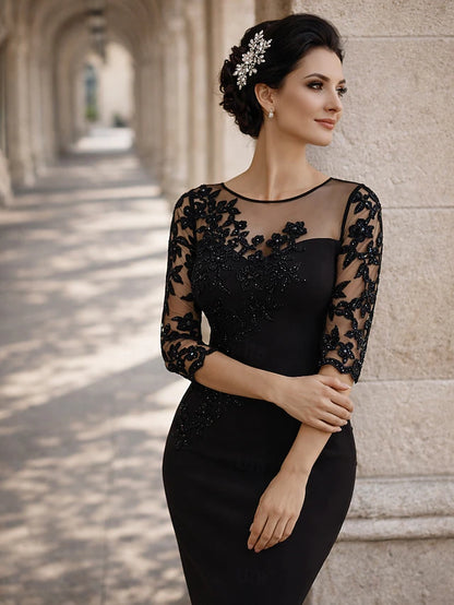 Sheath Column Knee Length Short Mini Party Dress Cocktail Dress Wedding Guest Dress Mother of the Bride Dress Long Sleeve Illusion Neck Elegant Wedding Guest Kentucky Derby Semi Formal Lace Stretch