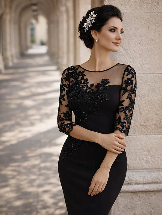 Sheath Column Knee Length Short Mini Party Dress Cocktail Dress Wedding Guest Dress Mother of the Bride Dress Long Sleeve Illusion Neck Elegant Wedding Guest Kentucky Derby Semi Formal Lace Stretch
