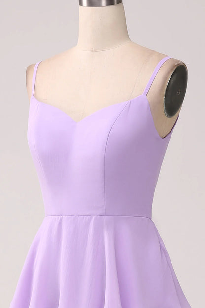 A Line Spaghetti Straps Tiered Chiffon Lilac Bridesmaid Dress With Slit