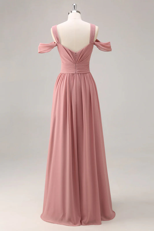 Dusty Rose Cold Shoulder Chiffon Long Bridesmaid Dress with Slit