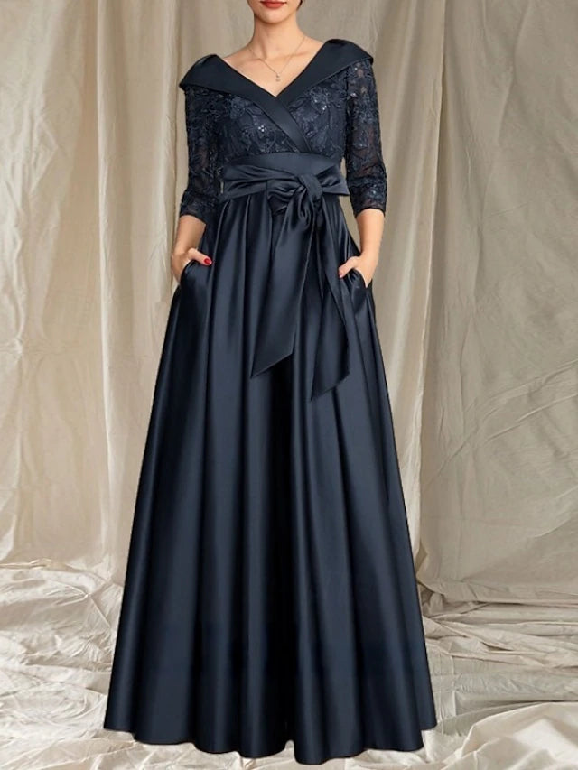 A-Line Mother of the Bride Dress Wedding Guest Elegant V Neck Floor Length Satin Lace 3/4 Length Sleeve with Lace Bow(s) Pleats