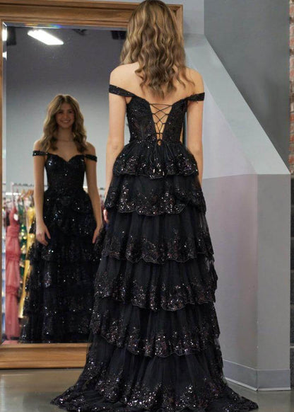 A-Line Lace Off-the-Shoulder Tiered Long Prom Dress with Slit