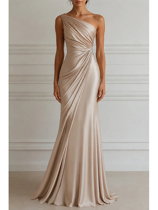 Mermaid Trumpet Court Train Evening Gown Elegant Sleeveless One Shoulder Wedding Formal Pink Dress Stretch Satin with Pleats