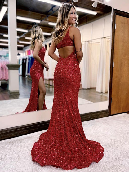 Trumpet/Mermaid Velvet Sequins One-Shoulder Sleeveless Sweep/Brush Train Dresses