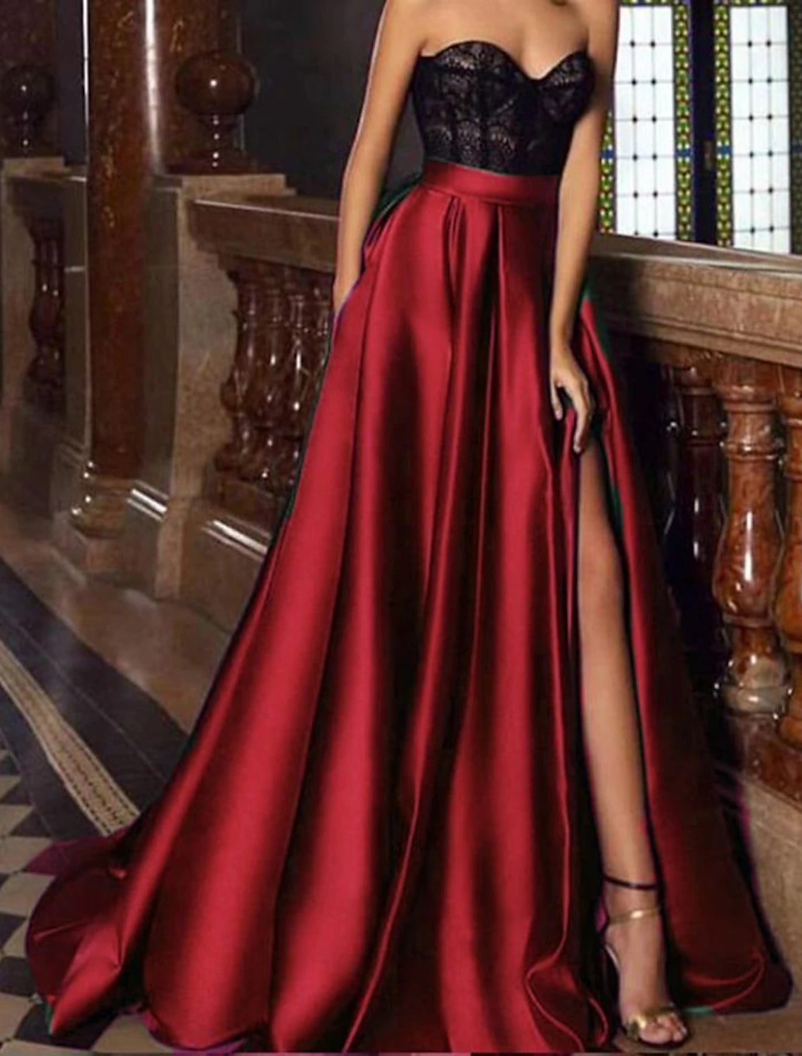 A-Line Chrismas Dress Evening Gown Vintage Dress Red Green Dress Engagement Court Train Sleeveless Sweetheart Pocket Satin with Slit Embroidery Pocket dress