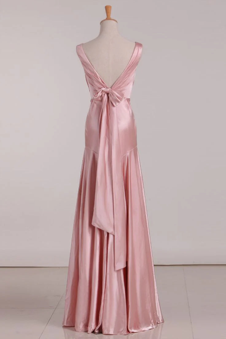 V-Neck Pink Tie Back Mermaid Bridesmaid Dress