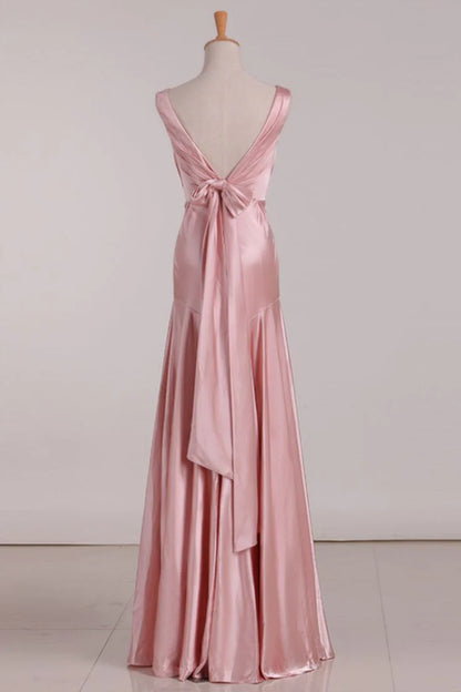 V-Neck Pink Tie Back Mermaid Bridesmaid Dress