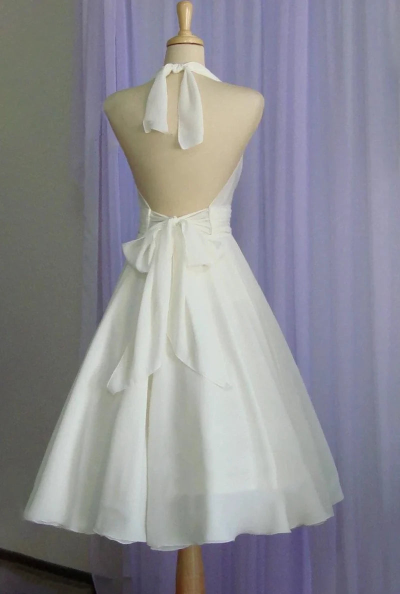 Vintage Tea-Length Chiffon Wedding Dress With Halter Neck and Bow