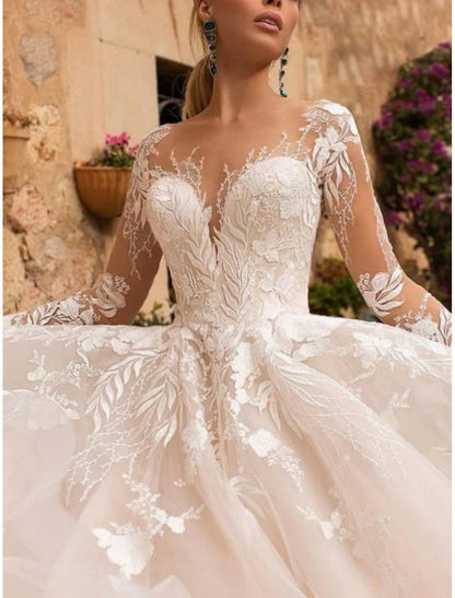 Formal Wedding Dresses A-Line V Neck Long Sleeve Court Train Tulle Bridal Gowns With Pleats Appliques