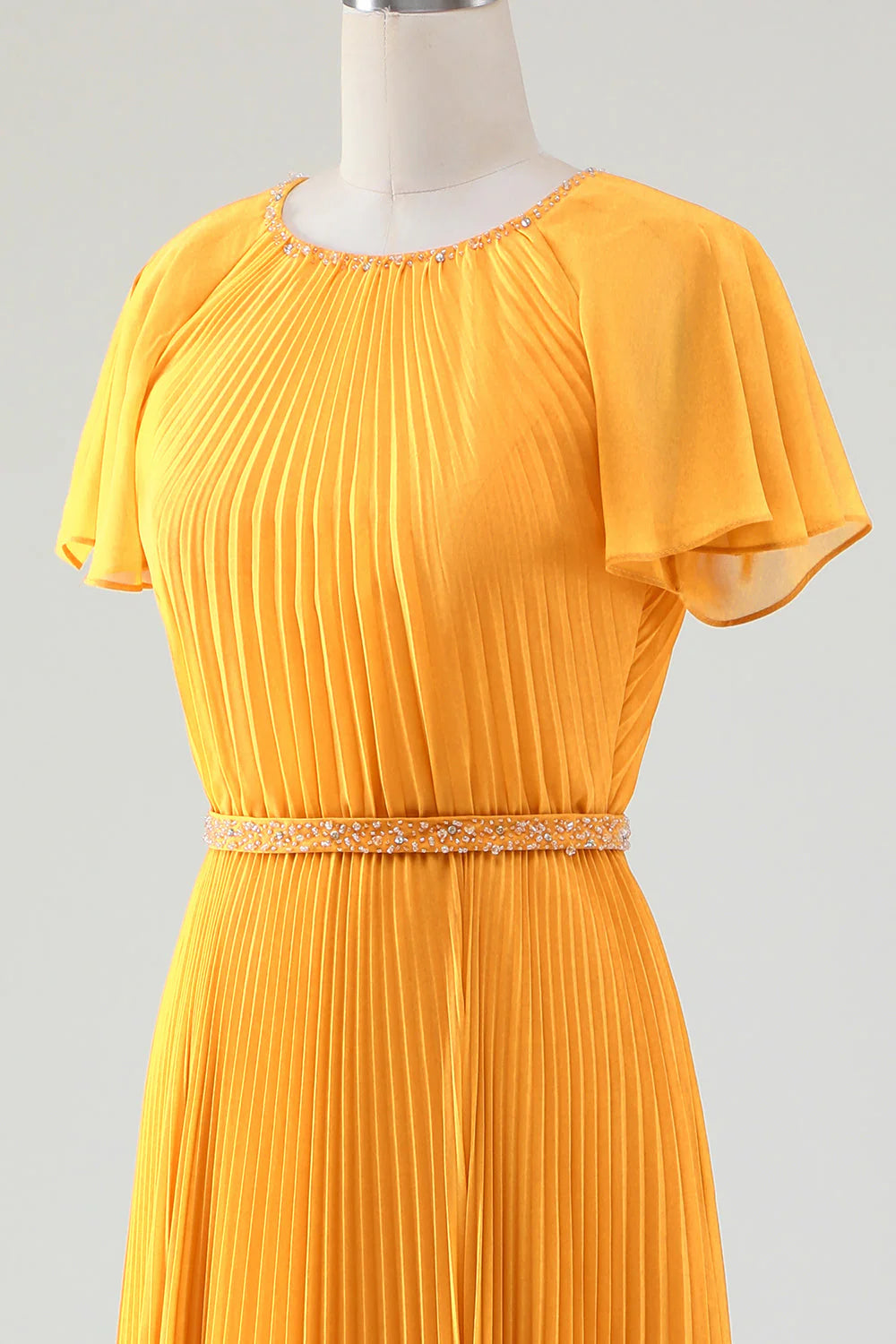 A-Line Round Neck Pleated Yellow Mother Of Bride Dress With Short Sleeves