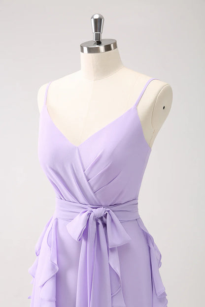 Lilac Chiffon Spaghetti Straps Long Bridesmaid Dress With Slit