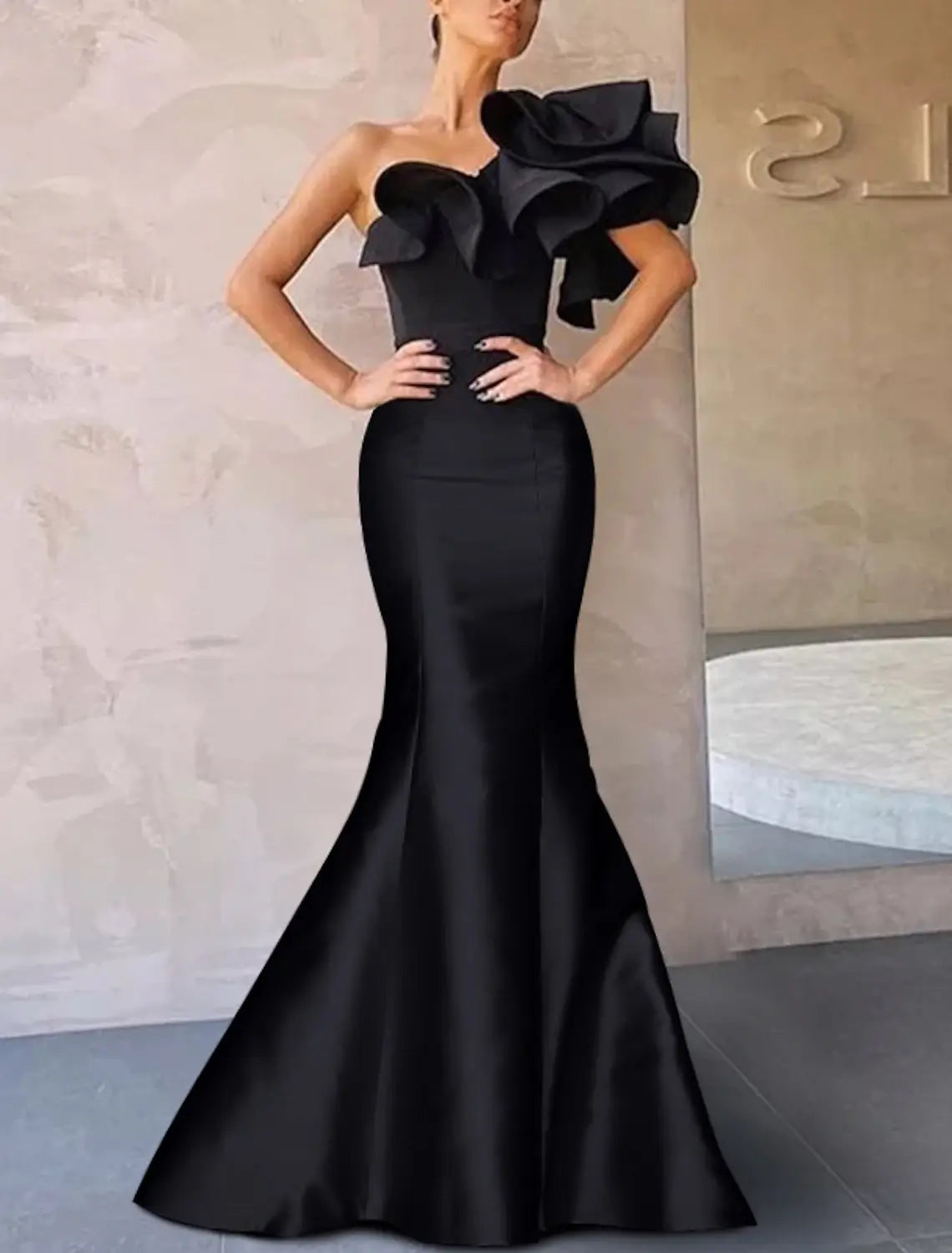 Mermaid Evening Gown Corsets Dress Formal Wedding Guest Floor Length Sleeveless One Shoulder Taffeta with Ruffles Shouder Flower Masquerade Dress