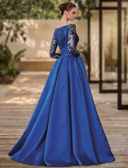 Sheath / Column Evening Gown High Split Dress Formal Wedding Guest Sweep / Brush Train 3/4 Length Sleeve Off Shoulder  with Bow(s) Sequin Slit dress