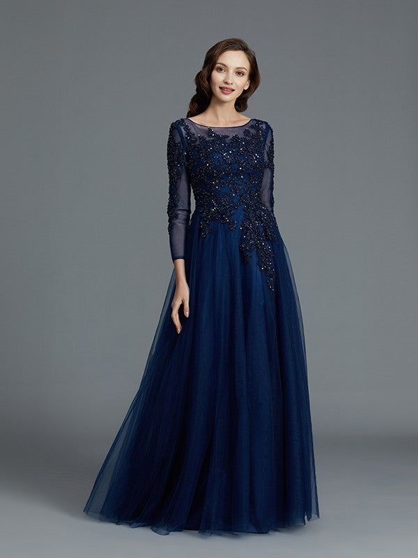 A-Line/Princess Long Sleeves Scoop Beading Floor-Length Tulle Mother of the Bride Dresses