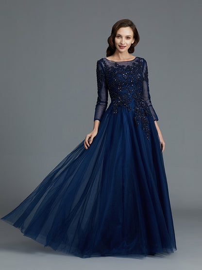 A-Line/Princess Long Sleeves Scoop Beading Floor-Length Tulle Mother of the Bride Dresses