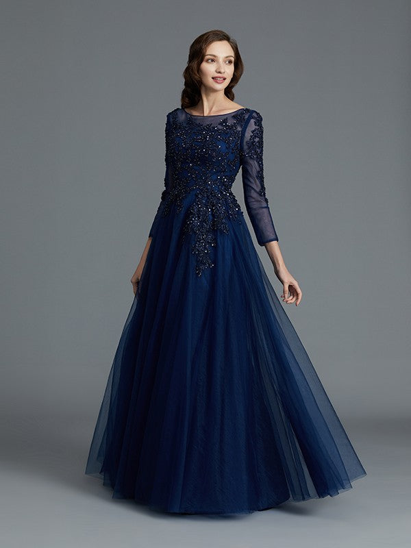 A-Line/Princess Long Sleeves Scoop Beading Floor-Length Tulle Mother of the Bride Dresses