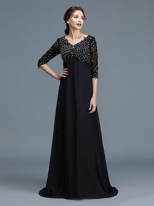 A-Line/Princess V-neck 1/2 Sleeves Beading Chiffon Floor-Length Mother of the Bride Dresses