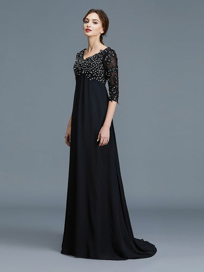 A-Line/Princess V-neck 1/2 Sleeves Beading Chiffon Floor-Length Mother of the Bride Dresses