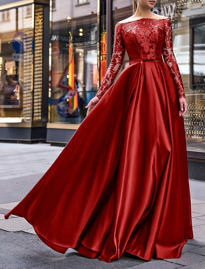 A-Line Evening Gown Party Dress Elegant Dress Wedding Guest Fall Floor Length Long Sleeve Off Shoulder Belt / Sash Satin with Appliques dress