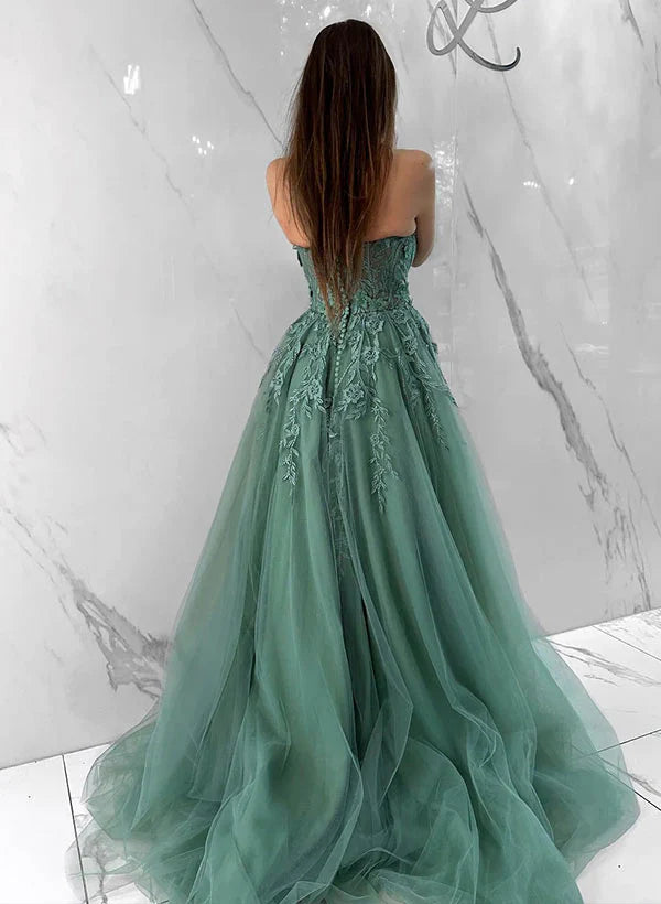 Long Ball Gown Sweetheart Tulle Formal Prom Dress with Appliques Lace